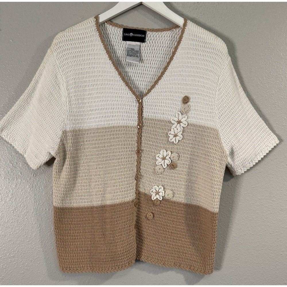 Vtg Y2K Sag Harbor Cotton Crochet Knit Flower Art Teacher Cardigan Sweater XL‎